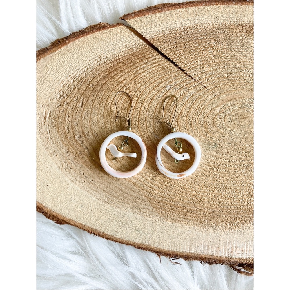 Vintage Hand Carved Shell Earrings White Dove Bird in a Circle Dangle Earrings